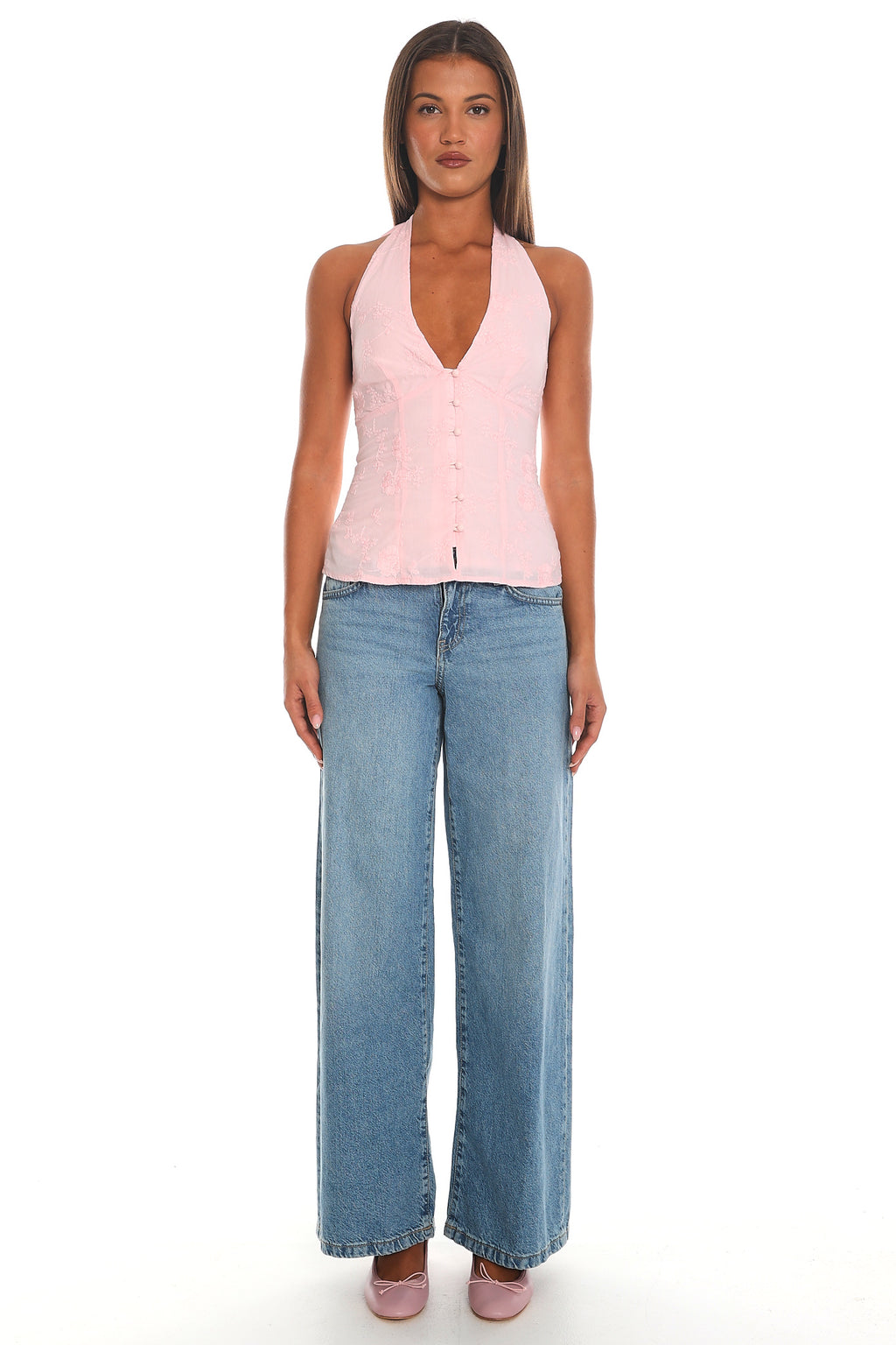 Vertuna Embroidered Halter Top Pink