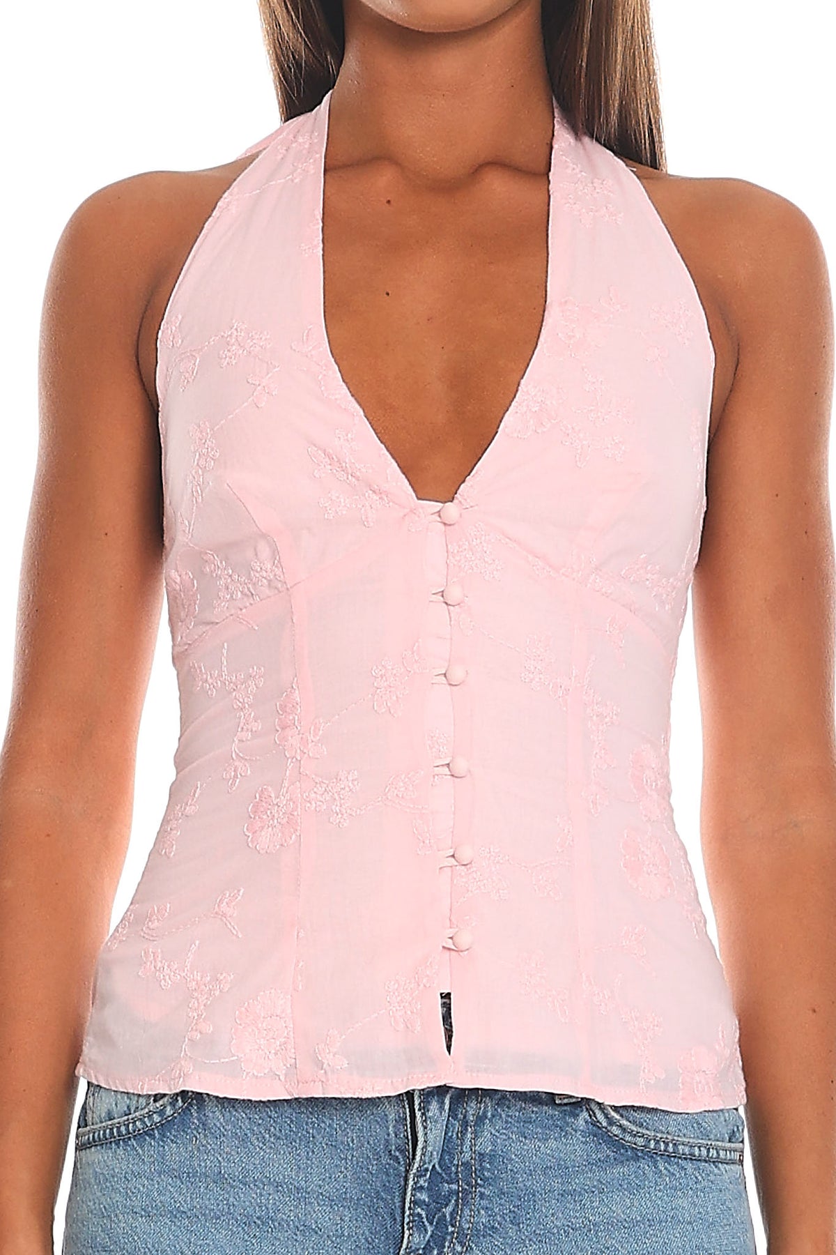 Vertuna Embroidered Halter Top Pink
