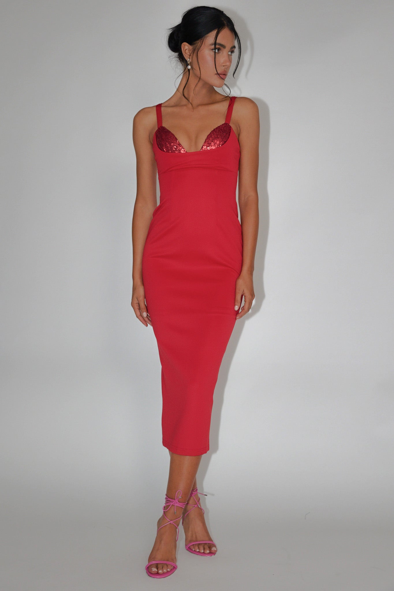 La Bellevilloise Sequin Bust Midi Dress Red by Selfie Leslie Australia