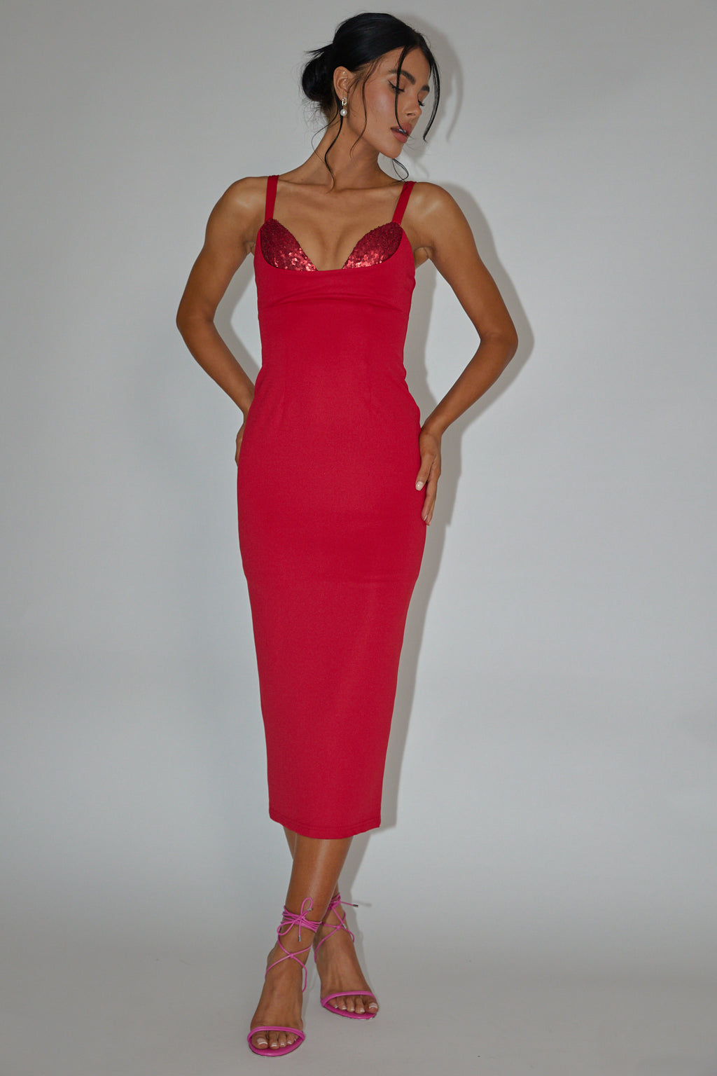 La Bellevilloise Sequin Bust Midi Dress Red by Selfie Leslie Australia
