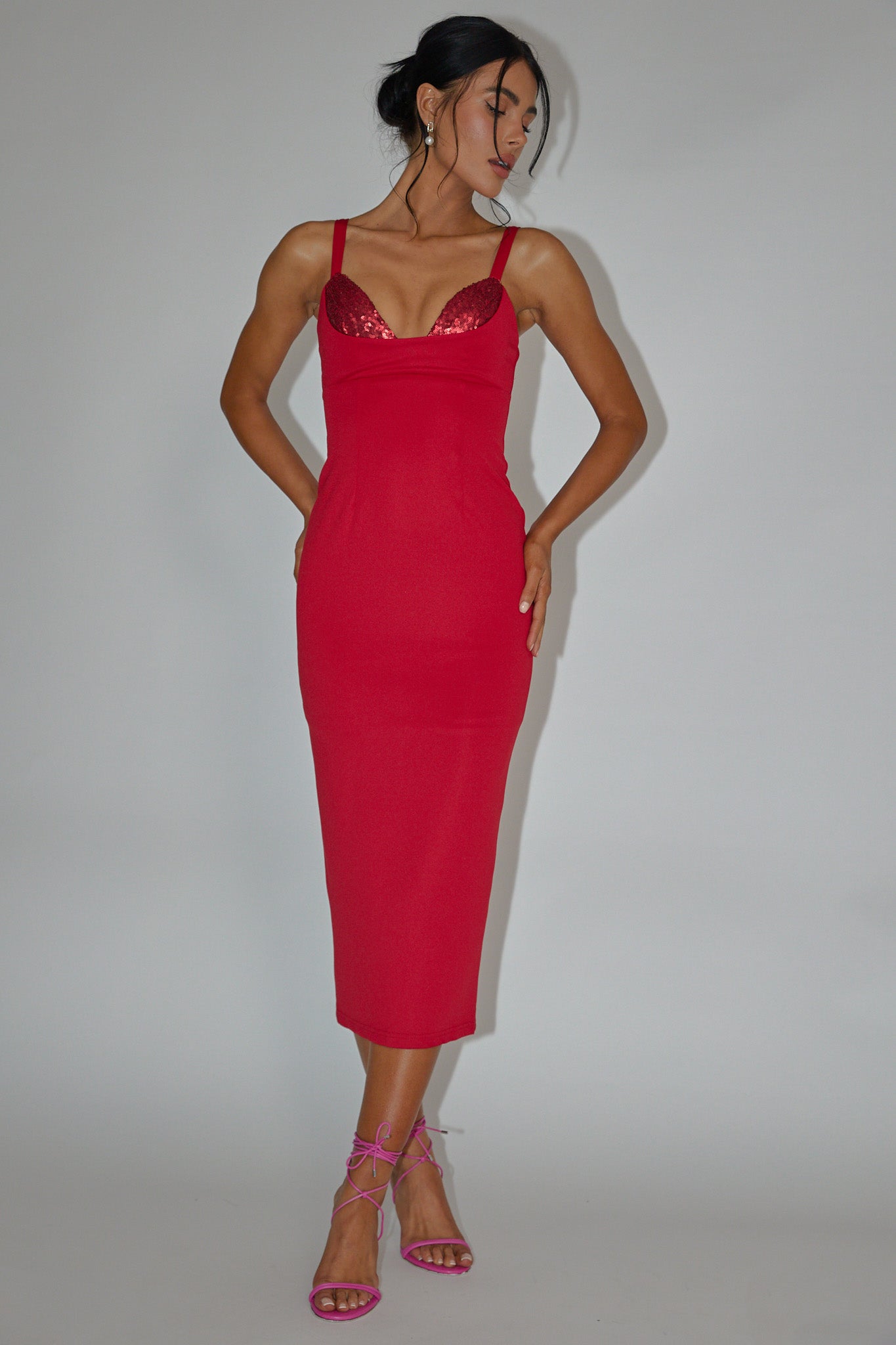 La Bellevilloise Sequin Bust Midi Dress Red by Selfie Leslie Australia