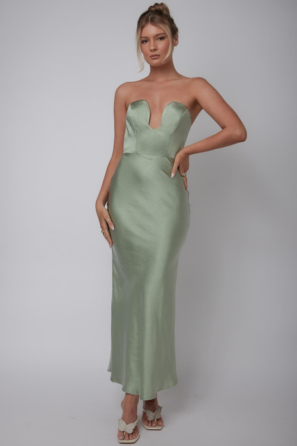 Encore Strapless Satin Maxi Dress Olive by Selfie Leslie Australia