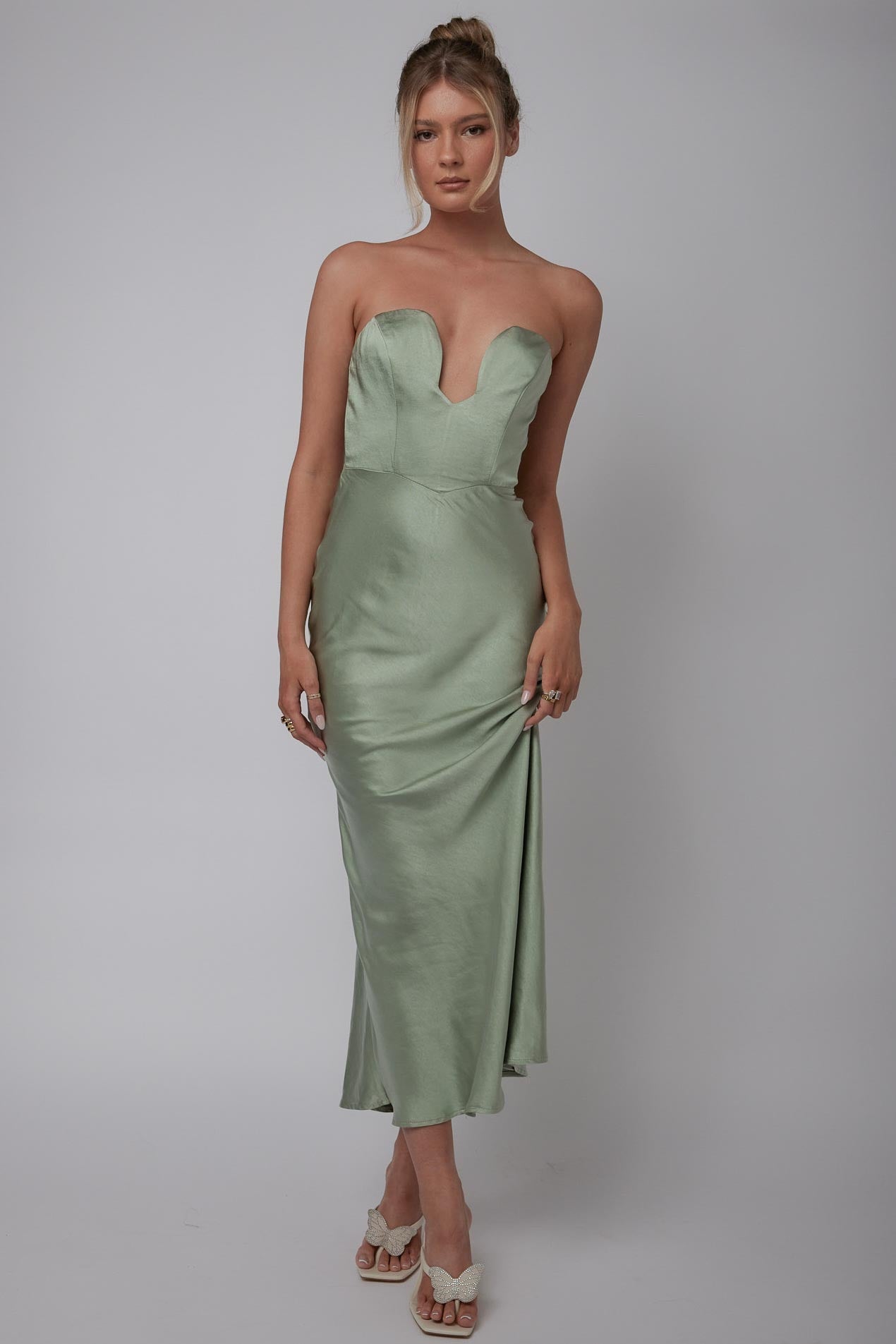 Encore Strapless Satin Maxi Dress Olive by Selfie Leslie Australia
