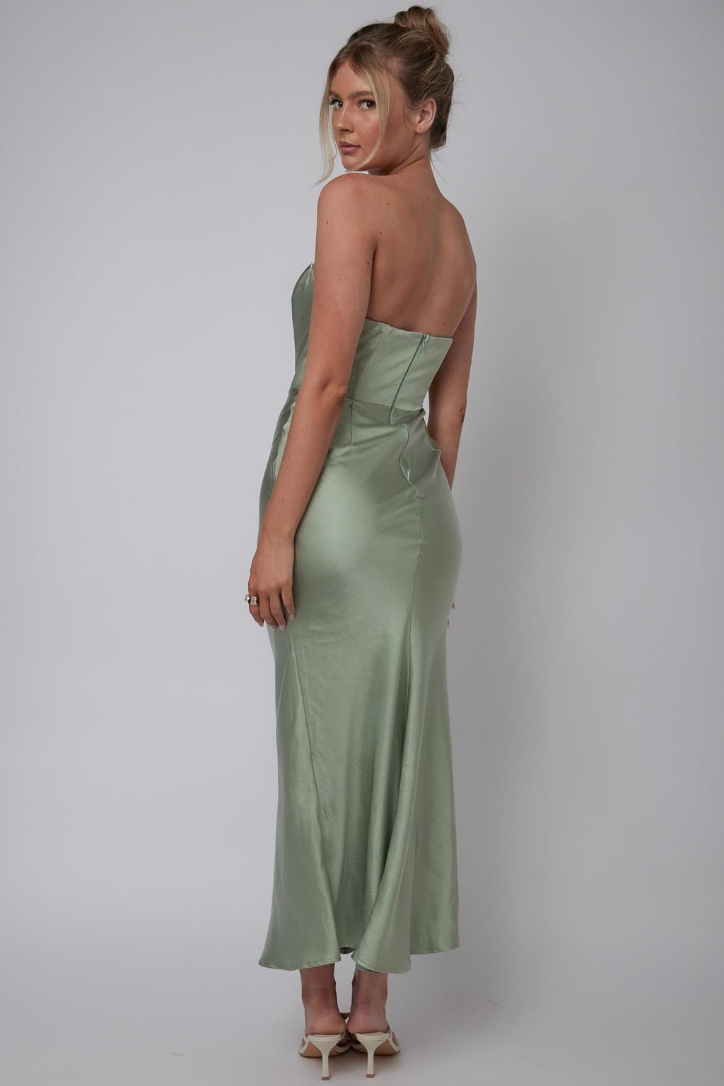 Encore Strapless Satin Maxi Dress Olive by Selfie Leslie Australia