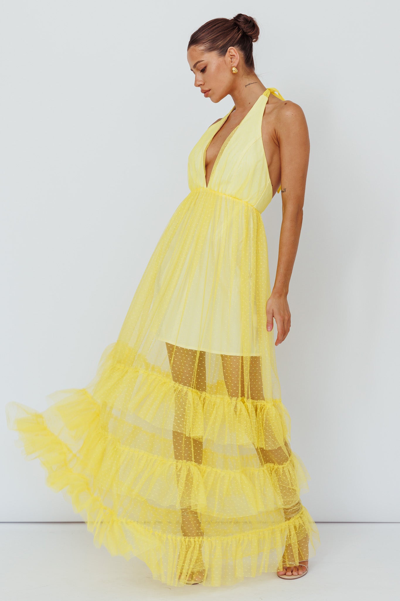 Moonlight Sonata Ruffle Mesh Maxi Dress Hail Spot Lemon by Selfie Leslie Australia