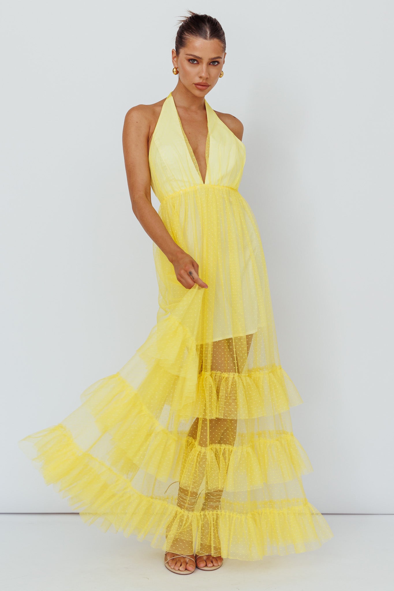 Moonlight Sonata Ruffle Mesh Maxi Dress Hail Spot Lemon by Selfie Leslie Australia