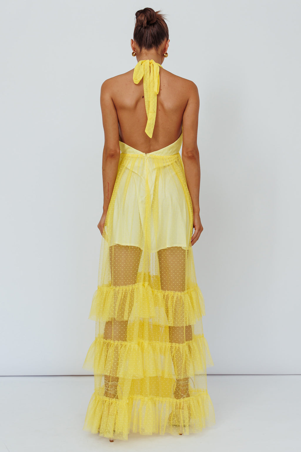 Moonlight Sonata Ruffle Mesh Maxi Dress Hail Spot Lemon by Selfie Leslie Australia