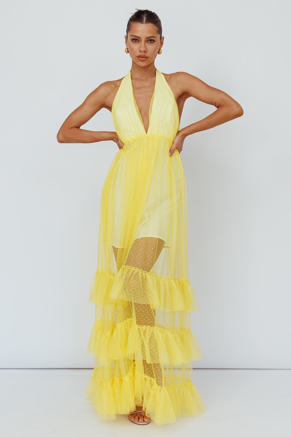 Moonlight Sonata Ruffle Mesh Maxi Dress Hail Spot Lemon by Selfie Leslie Australia