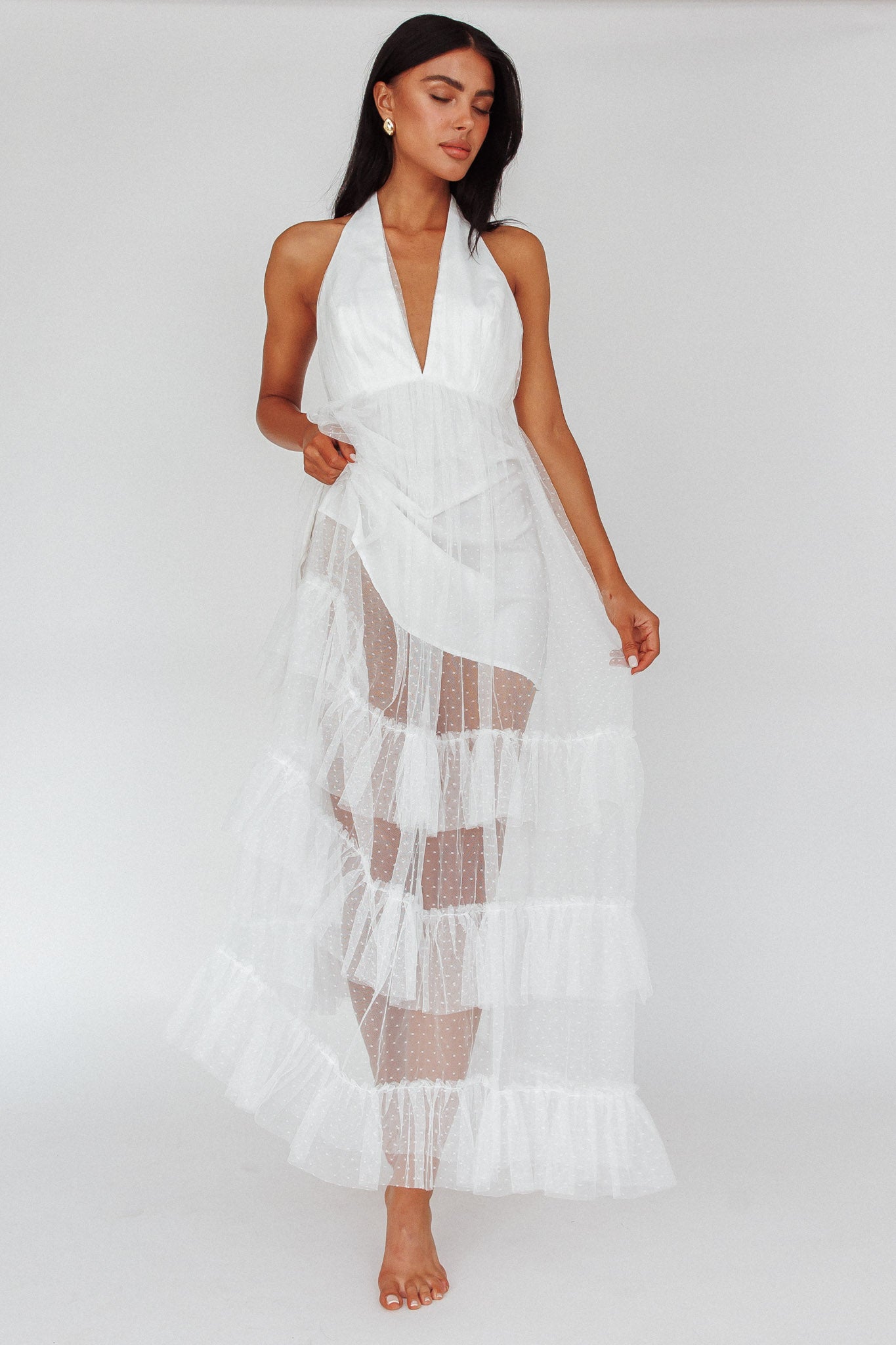 Moonlight Sonata Ruffle Mesh Maxi Dress Hail Spot White by Selfie Leslie Australia