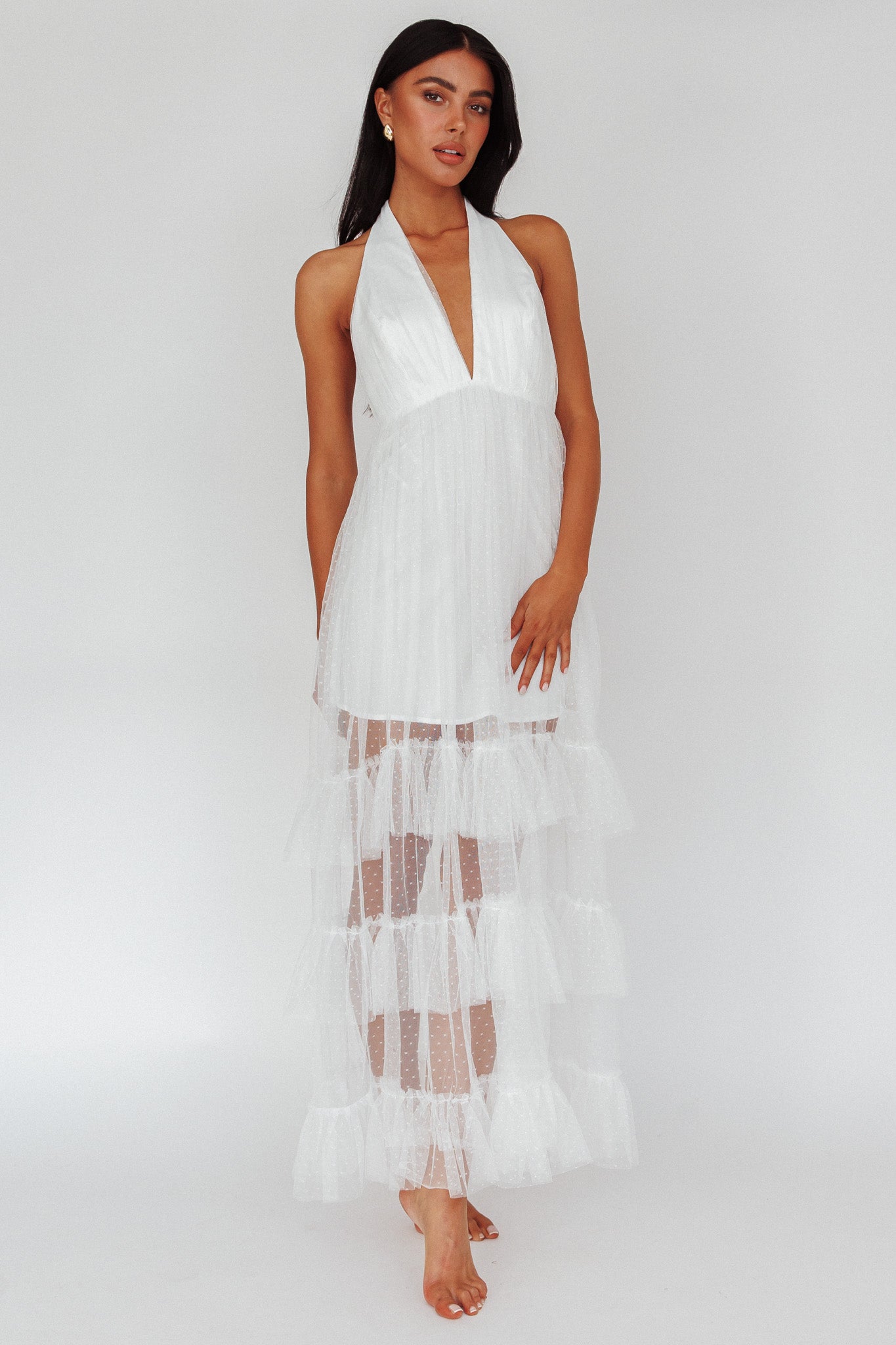 Moonlight Sonata Ruffle Mesh Maxi Dress Hail Spot White by Selfie Leslie Australia