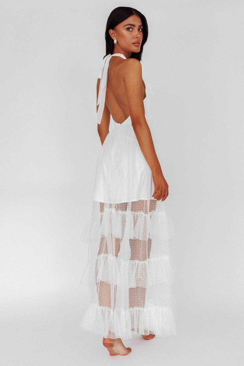 Moonlight Sonata Ruffle Mesh Maxi Dress Hail Spot White by Selfie Leslie Australia