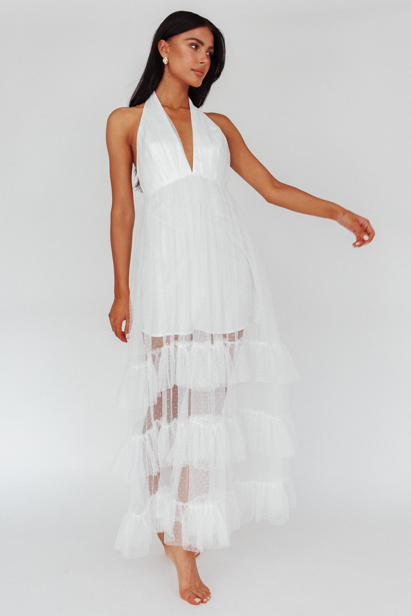 Cherish The Moment Ruched Ruffle Hail Spot Dress White