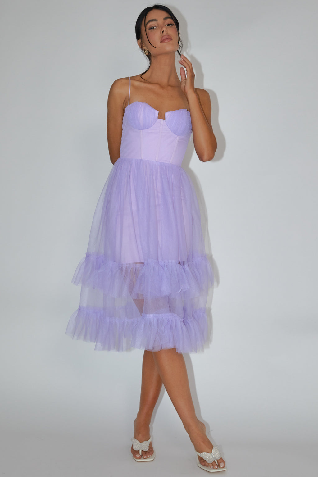 Moonlight Sonata Ruffle Mesh Midi Dress Lilac by Selfie Leslie Australia