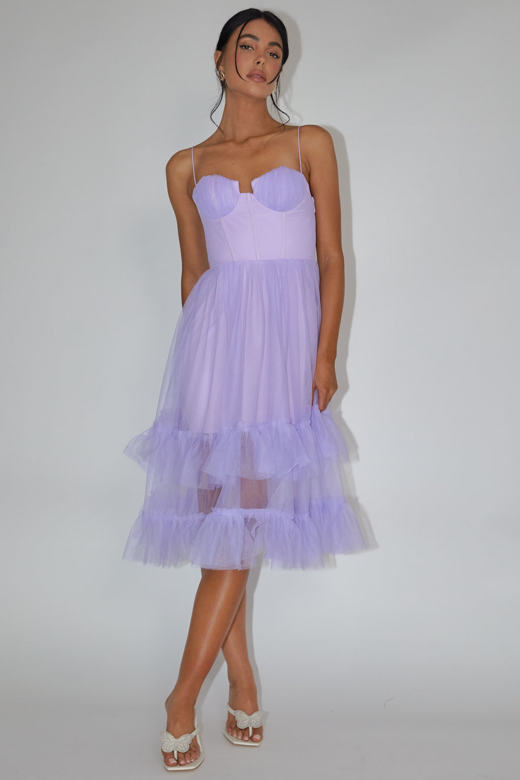 Moonlight Sonata Ruffle Mesh Midi Dress Lilac by Selfie Leslie Australia