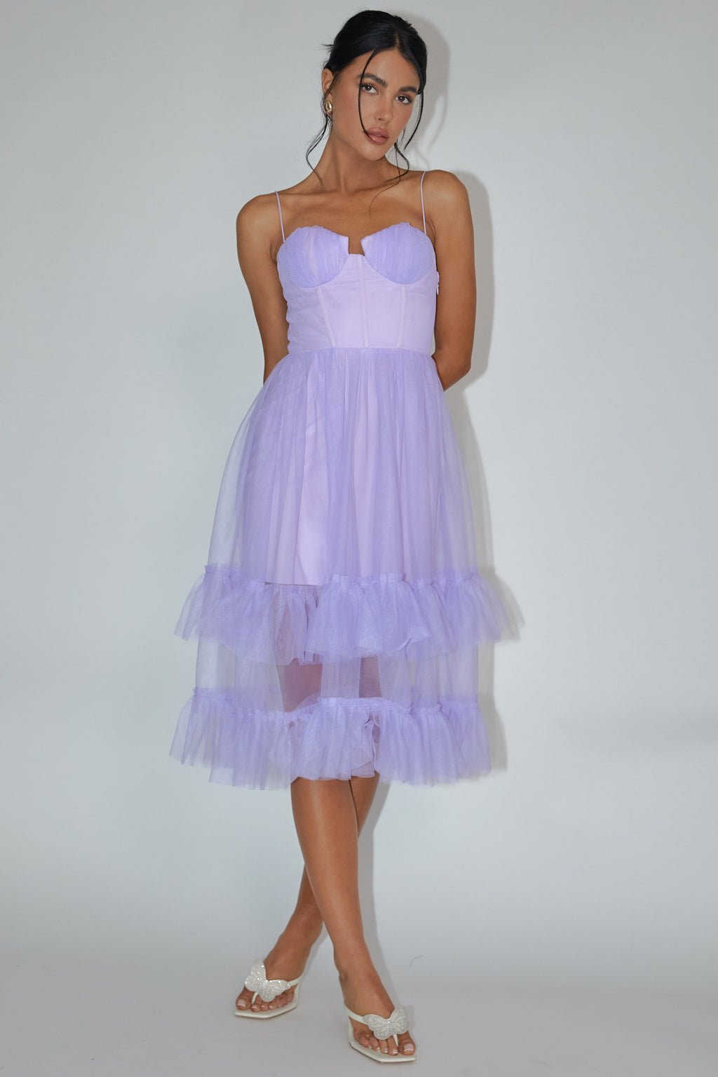 Moonlight Sonata Ruffle Mesh Midi Dress Lilac by Selfie Leslie Australia