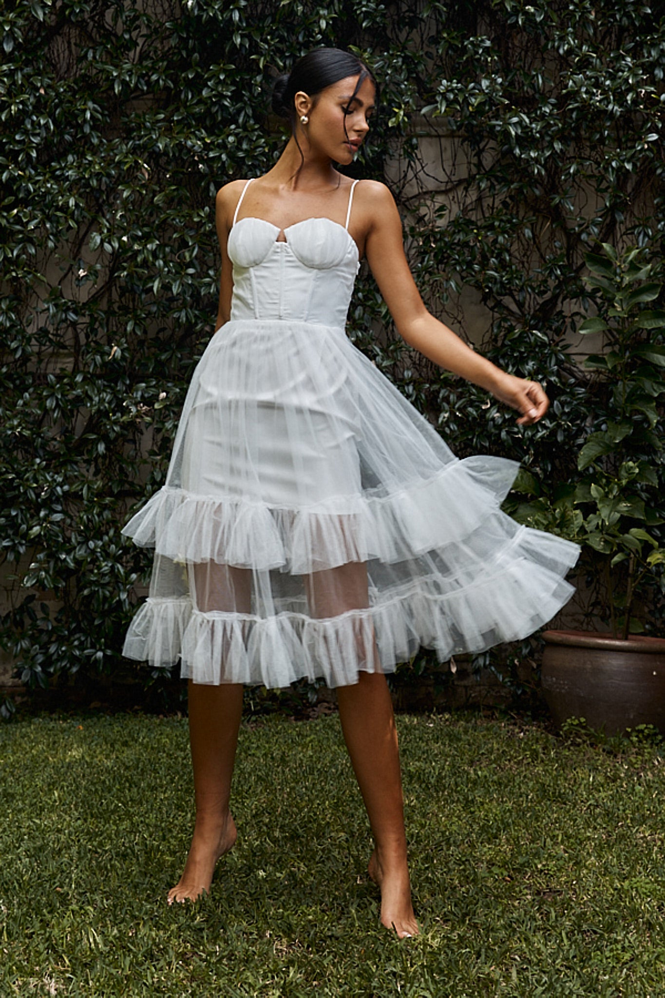Moonlight Sonata Ruffle Mesh Midi Dress White by Selfie Leslie Australia