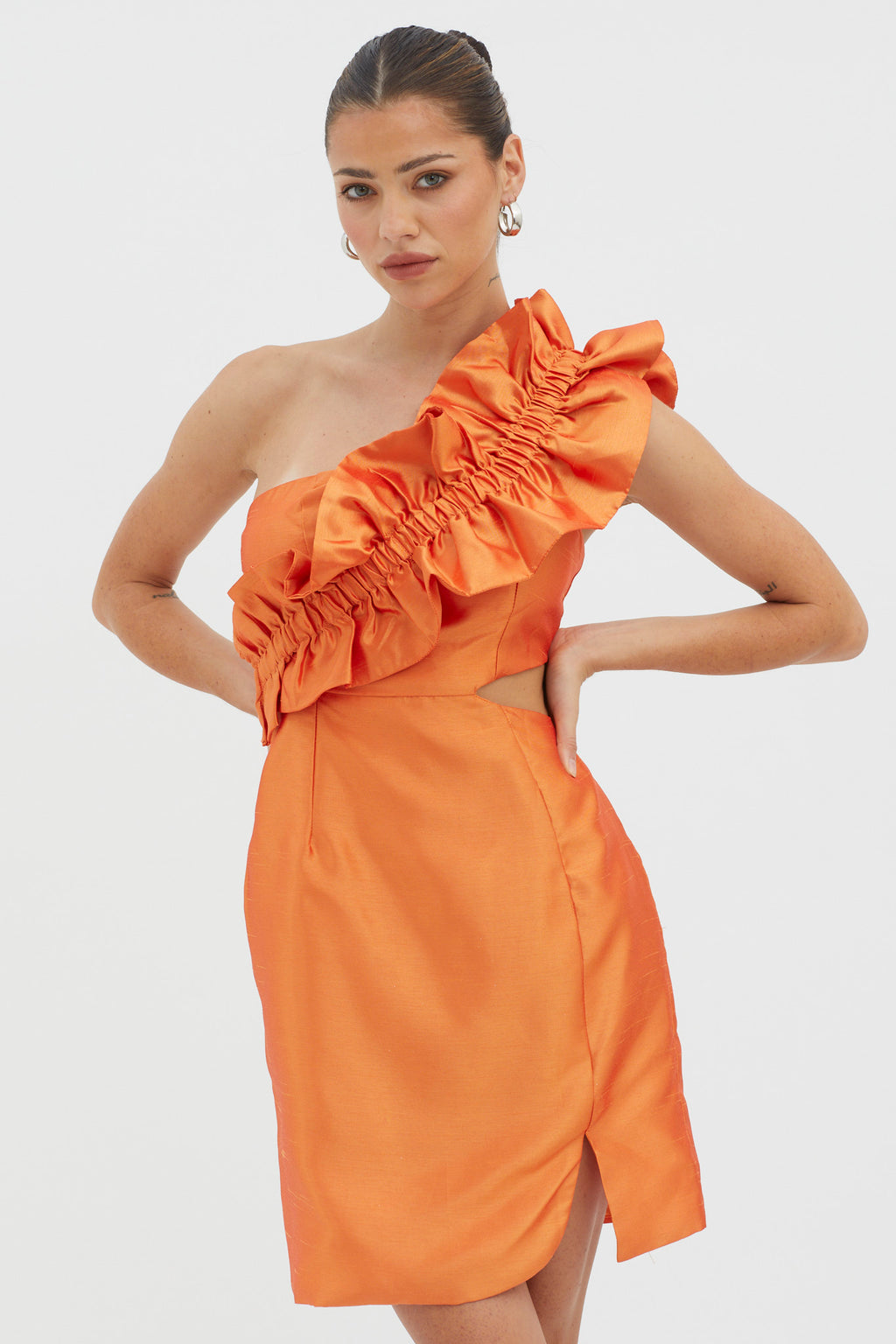 NY Moment Wide Ruffle Shoulder Mini Dress Orange by Selfie Leslie Australia