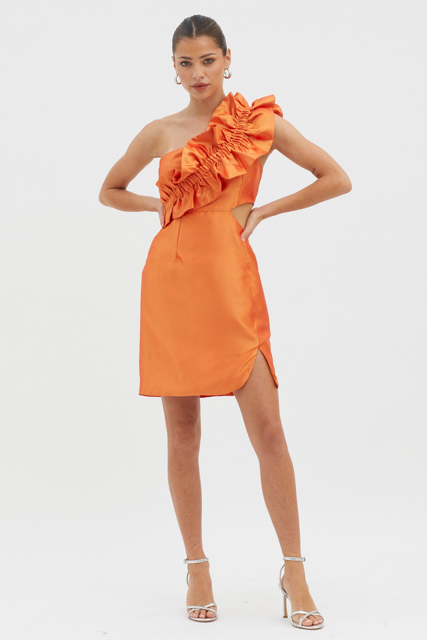 NY Moment Wide Ruffle Shoulder Mini Dress Orange by Selfie Leslie Australia