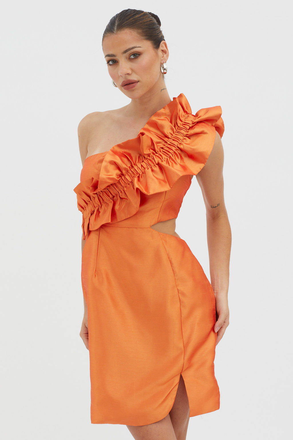 NY Moment Wide Ruffle Shoulder Mini Dress Orange by Selfie Leslie Australia