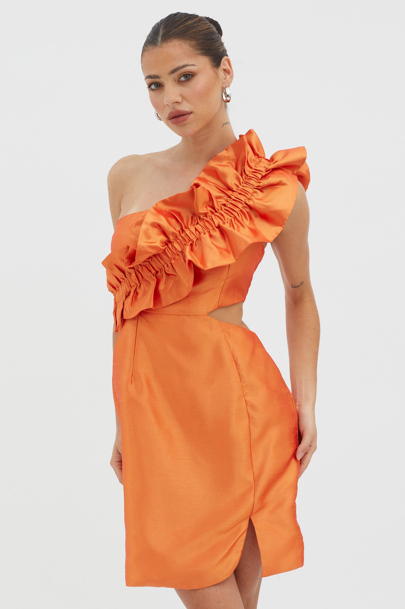 NY Moment Wide Ruffle Shoulder Mini Dress Orange by Selfie Leslie Australia