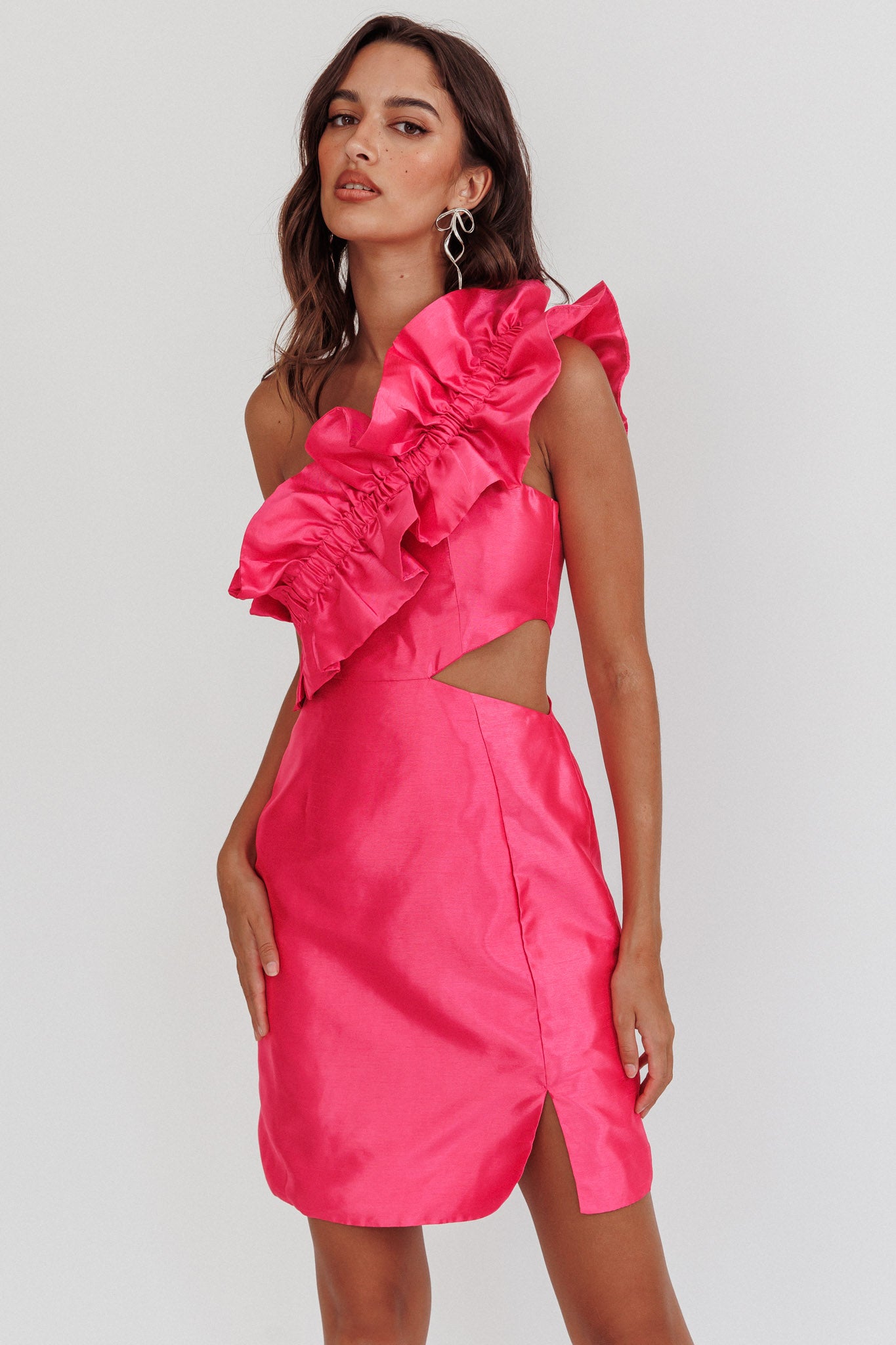 NY Moment Wide Ruffle Shoulder Mini Dress Pink by Selfie Leslie Australia