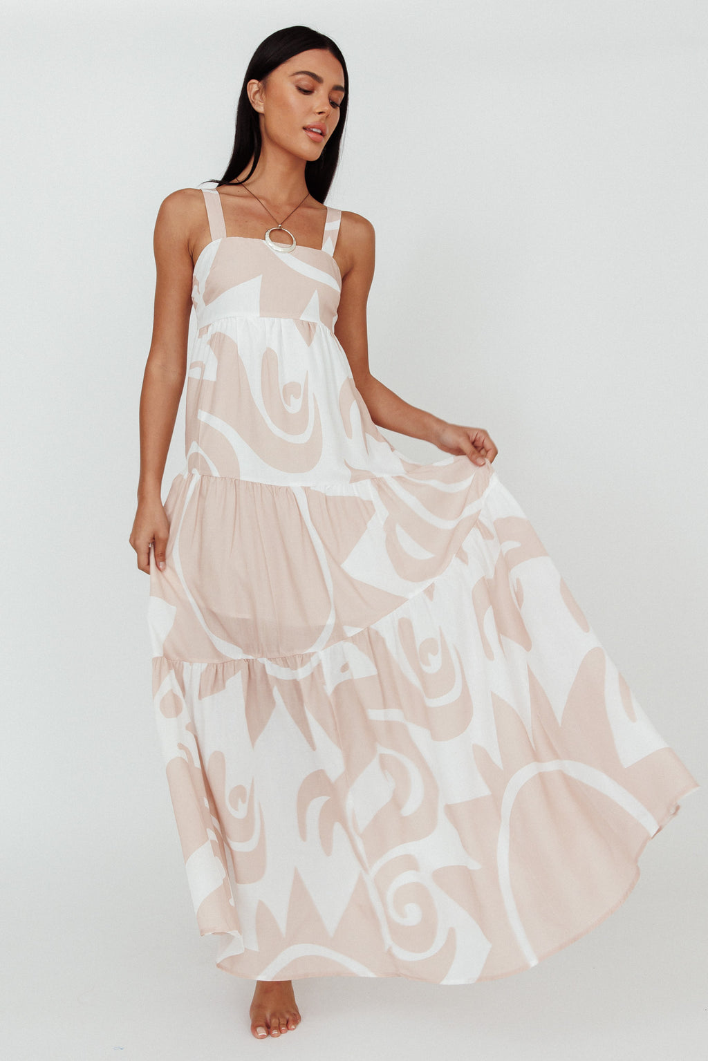 Indianna Square Neckline Maxi Dress Printed Sand/White by Selfie Leslie Australia