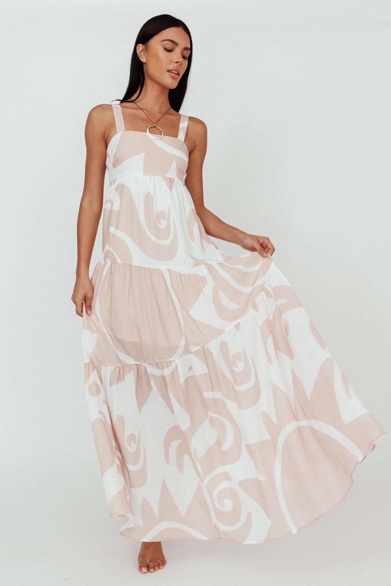 Indianna Square Neckline Maxi Dress Printed Sand/White by Selfie Leslie Australia
