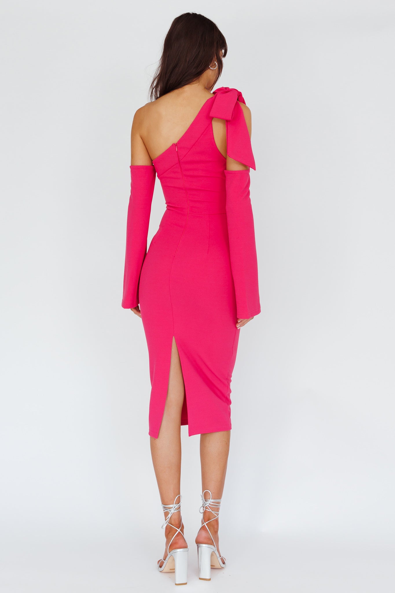 Rigel One-Shoulder Bow Midi Dress Dark Fuchsia by Selfie Leslie Australia