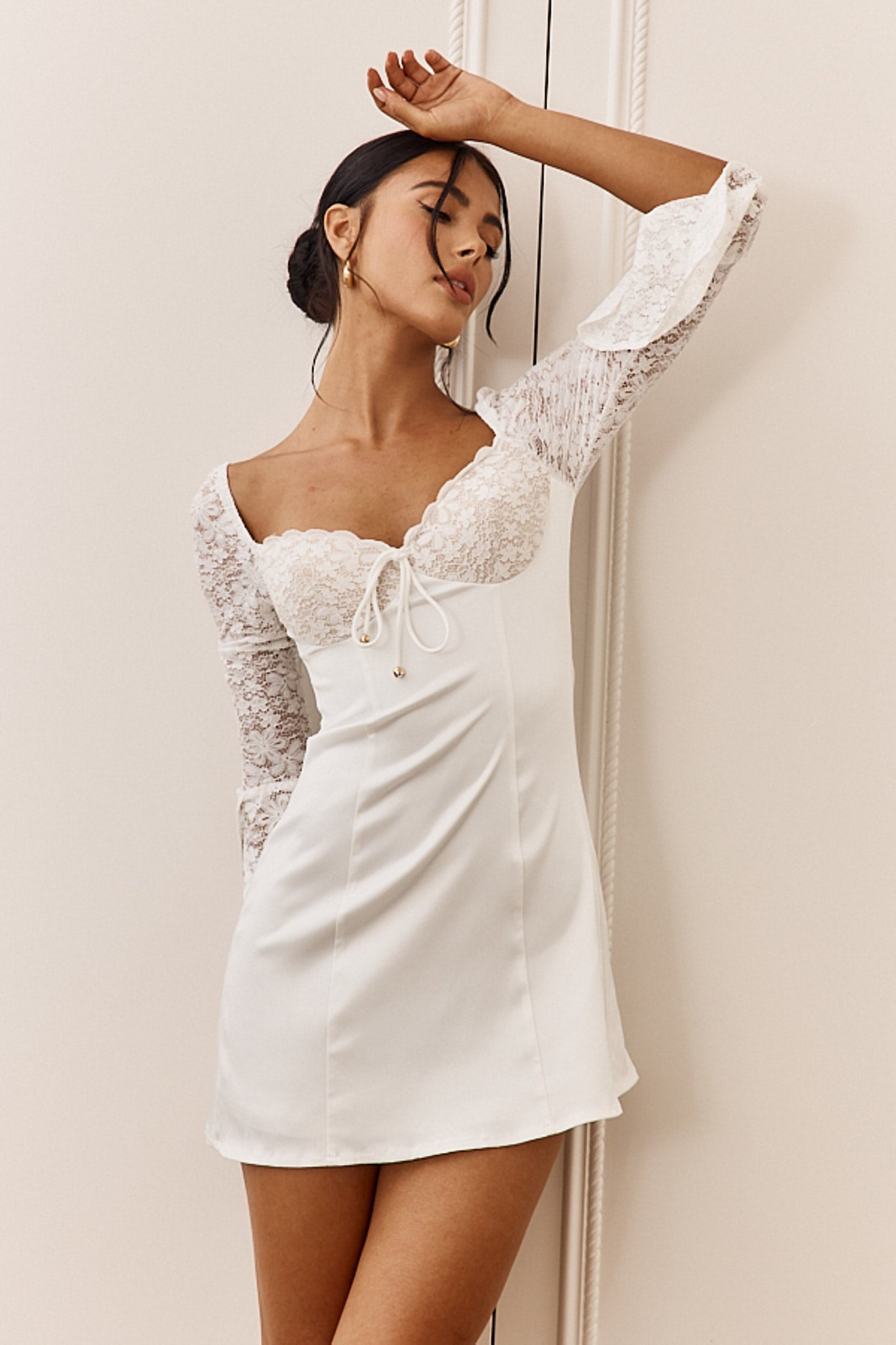 Ti Amo Lace Bust Long Sleeve Mini Dress White by Selfie Leslie Australia