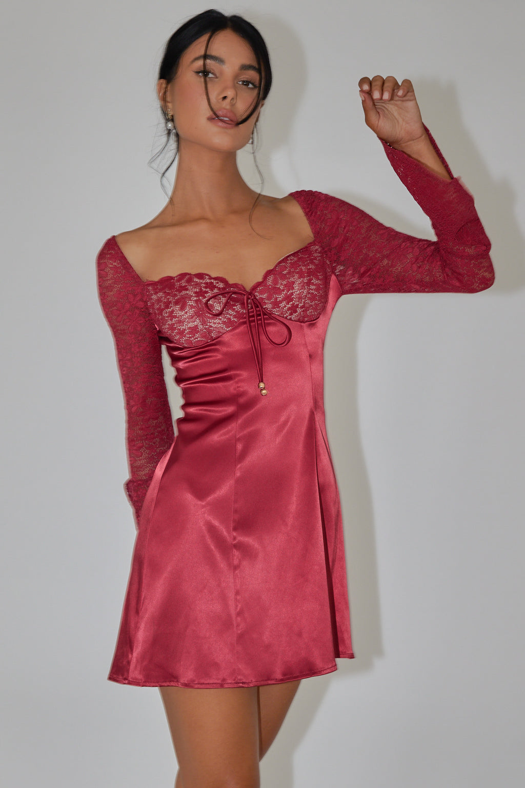 Ti Amo Lace Bust Long Sleeve Mini Dress Wine by Selfie Leslie Australia