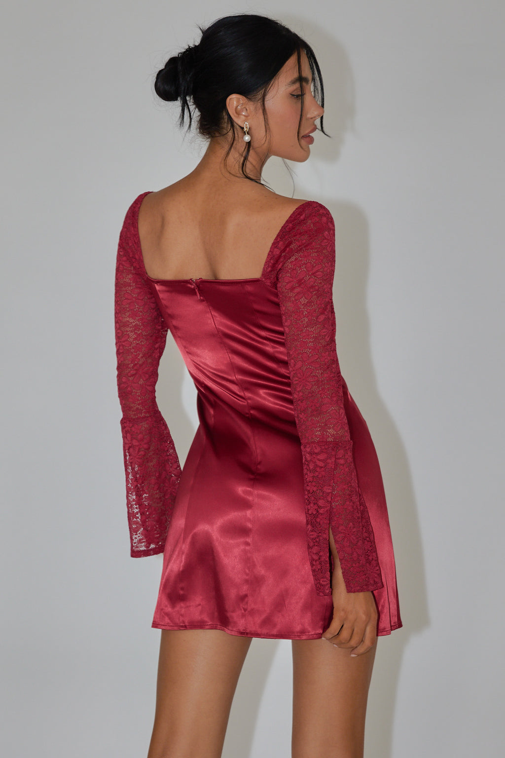 Ti Amo Lace Bust Long Sleeve Mini Dress Wine by Selfie Leslie Australia