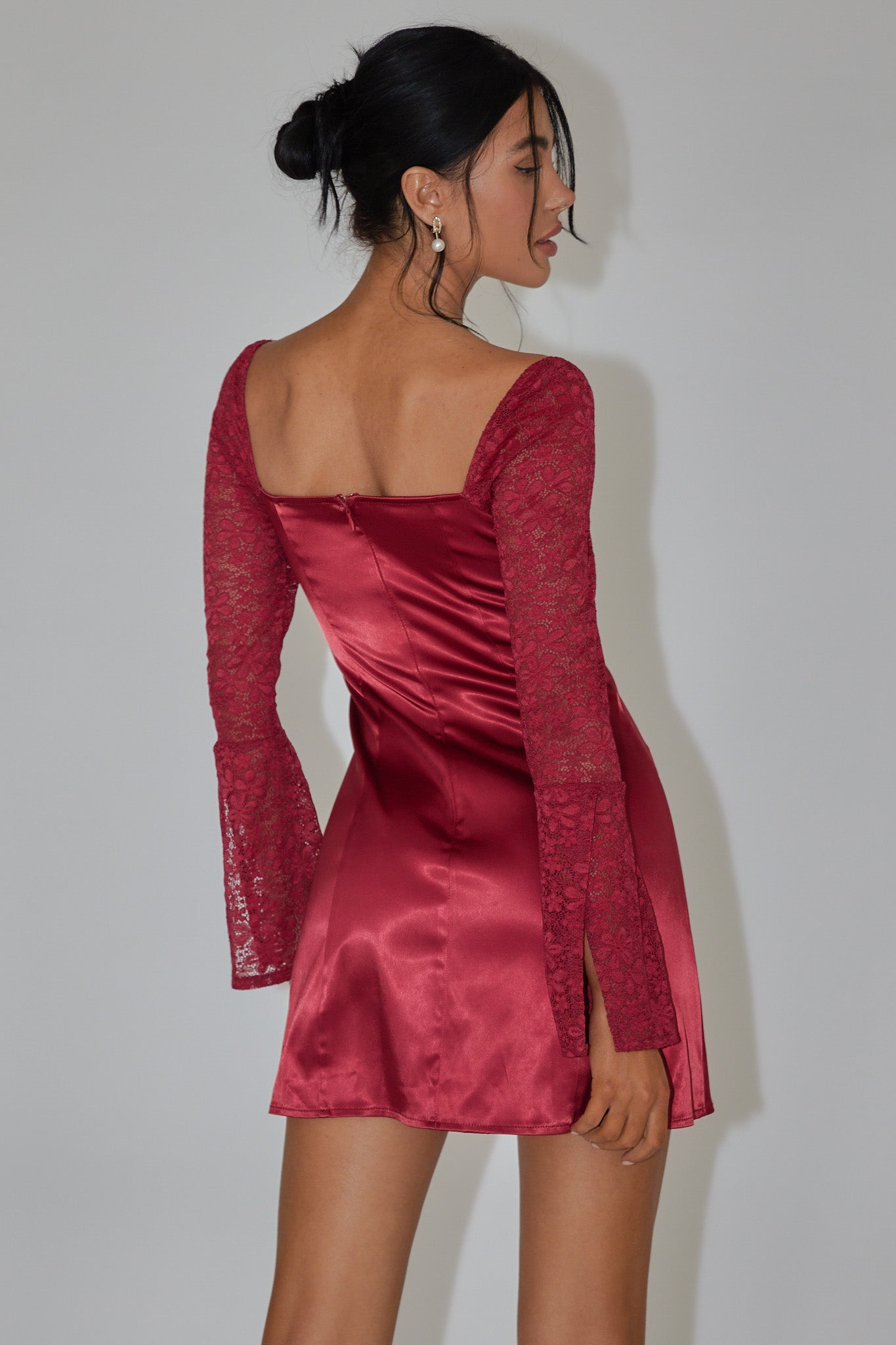 Ti Amo Lace Bust Long Sleeve Mini Dress Wine by Selfie Leslie Australia
