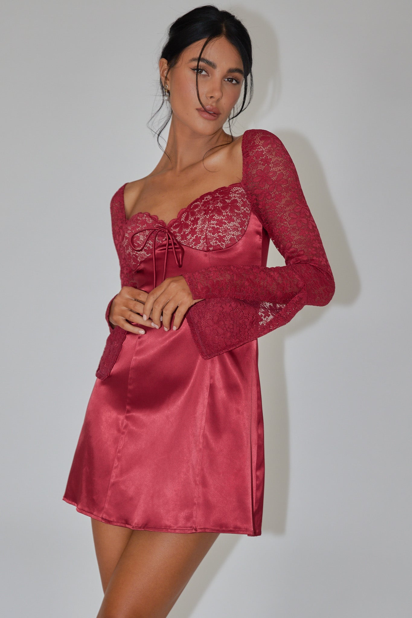 Ti Amo Lace Bust Long Sleeve Mini Dress Wine by Selfie Leslie Australia