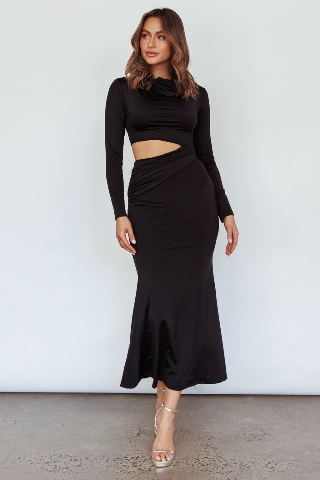 Rajah Long Sleeve Cut-Out Midi Dress Black by Selfie Leslie Australia