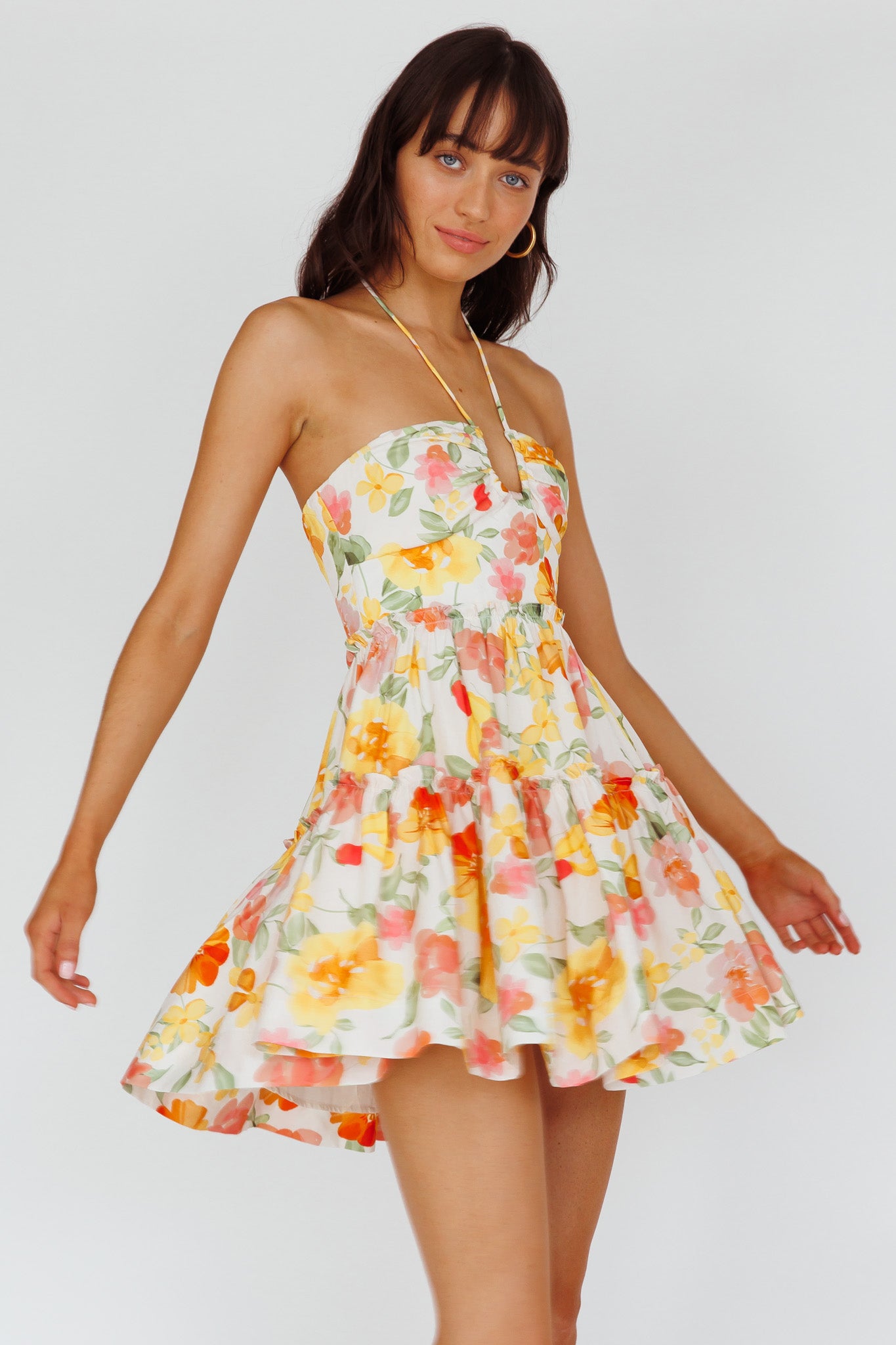 Horizons Frill Trim Mini Dress Floral Yellow by Selfie Leslie Australia