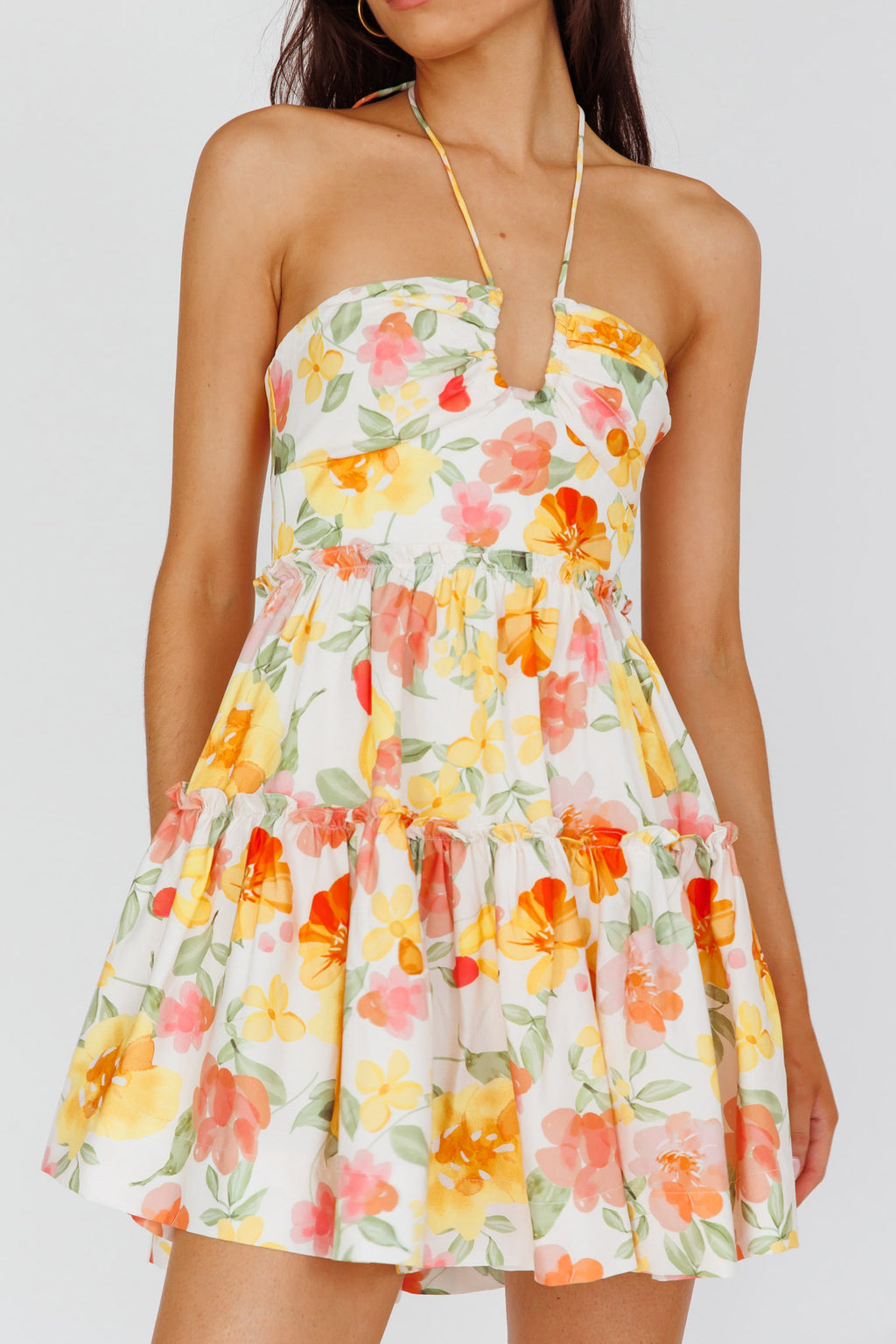 Horizons Frill Trim Mini Dress Floral Yellow by Selfie Leslie Australia