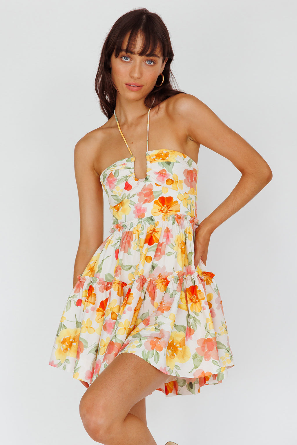 Horizons Frill Trim Mini Dress Floral Yellow by Selfie Leslie Australia