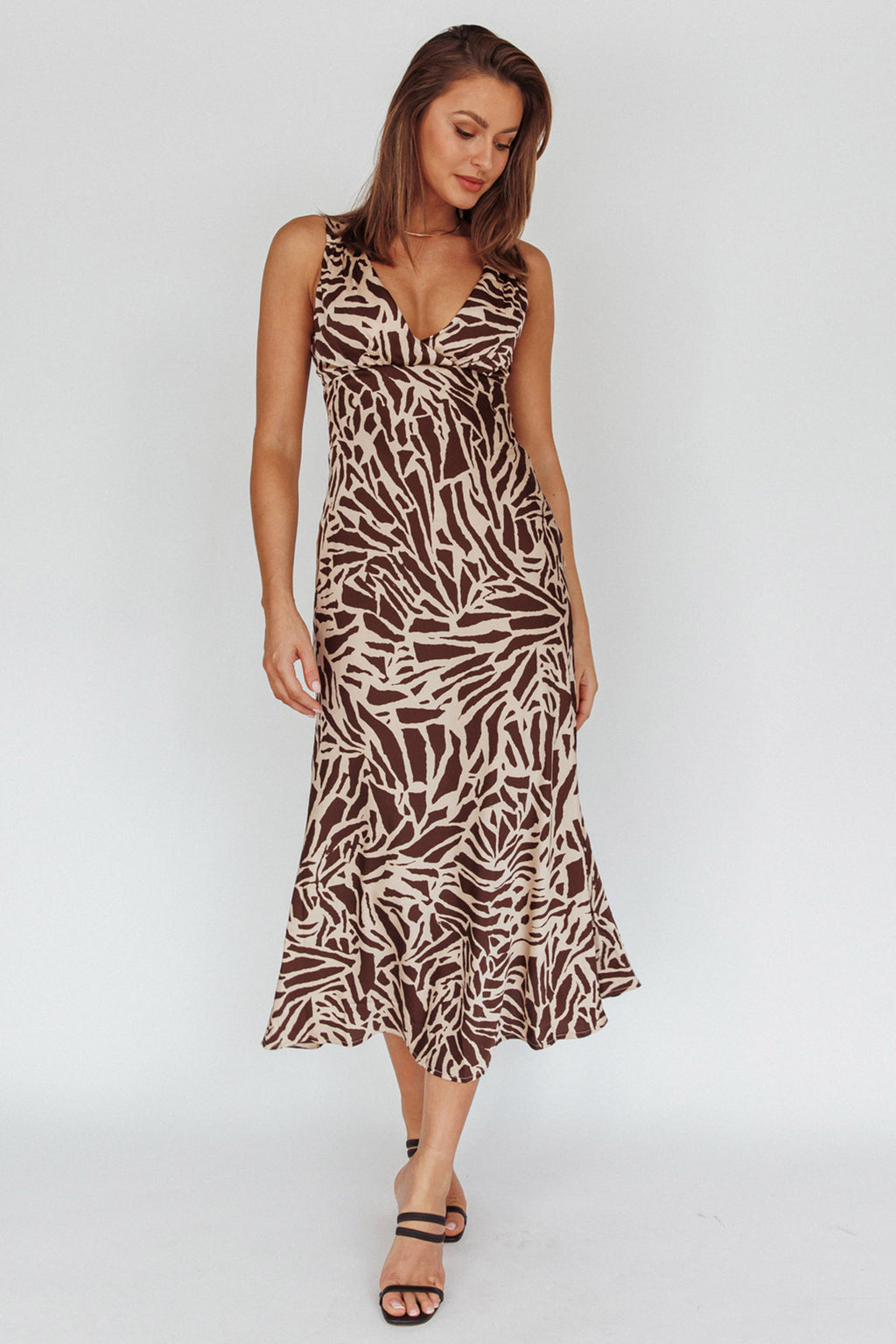 Turin V-Neckline Print Midi Dress Chocolate by Selfie Leslie Australia