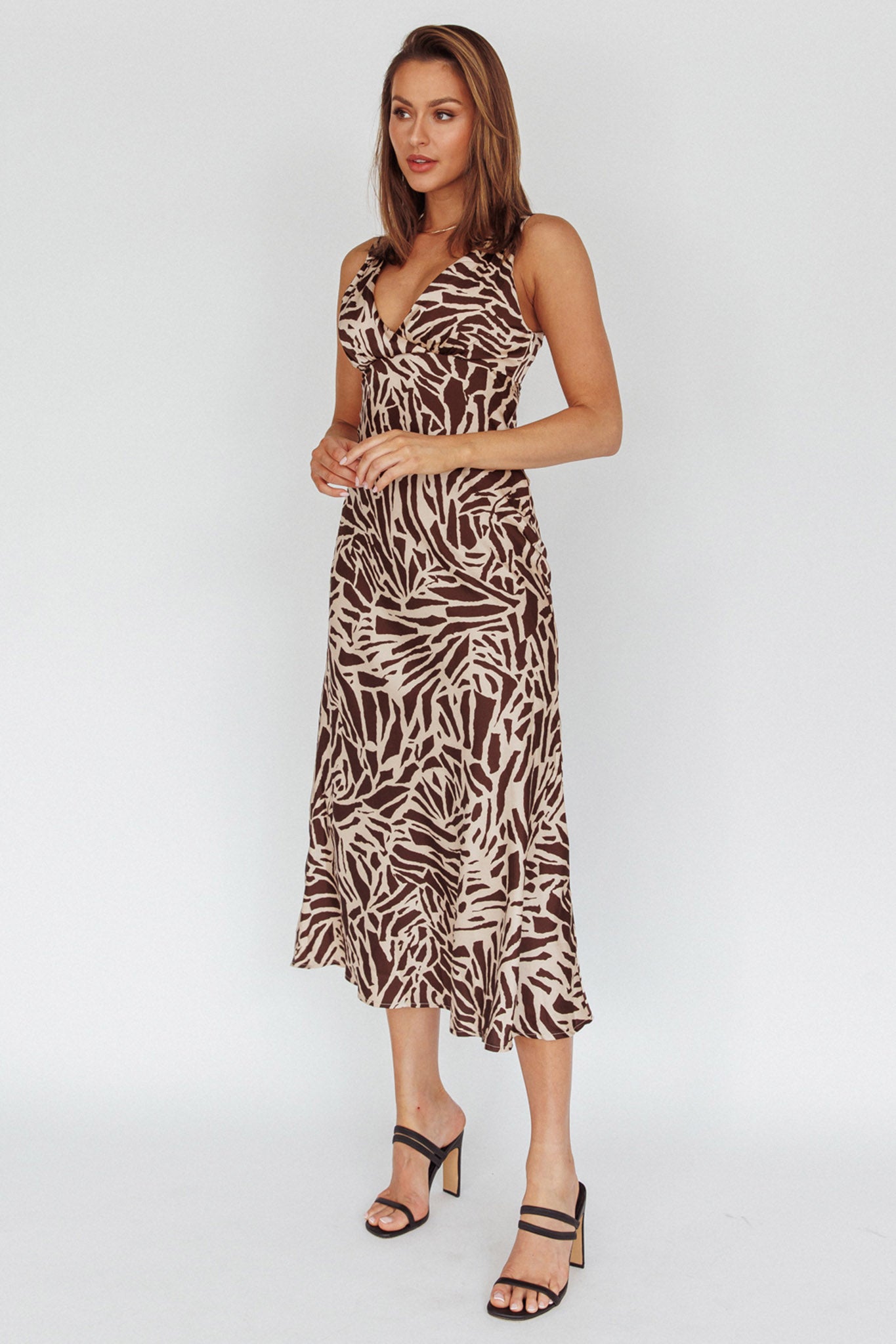 Turin V-Neckline Print Midi Dress Chocolate by Selfie Leslie Australia