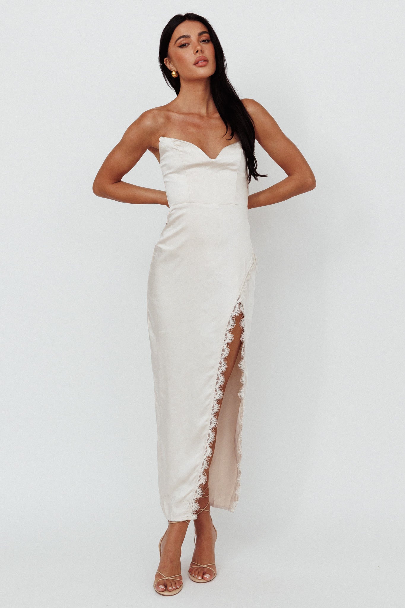 Winter Moon Strapless Lace Trim Midi Dress Champagne by Selfie Leslie Australia