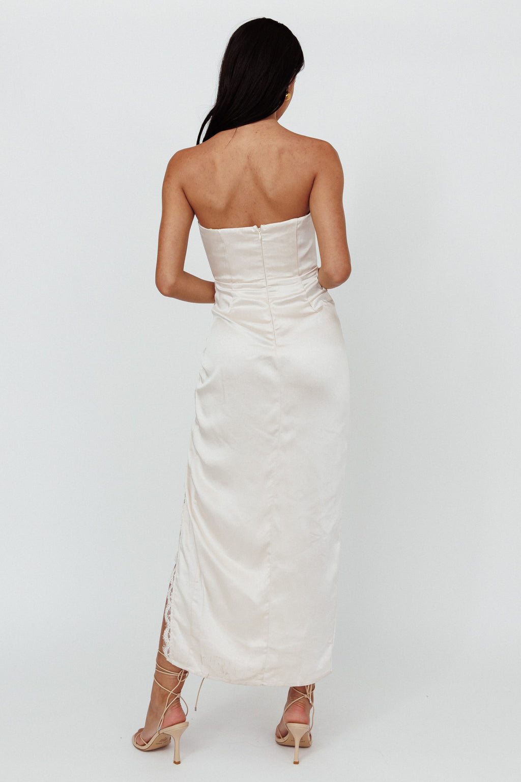Winter Moon Strapless Lace Trim Midi Dress Champagne by Selfie Leslie Australia
