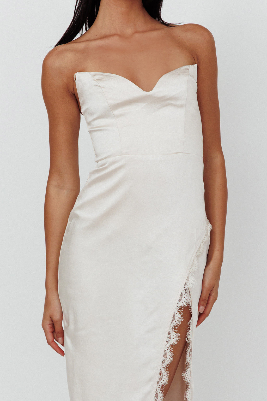 Winter Moon Strapless Lace Trim Midi Dress Champagne by Selfie Leslie Australia