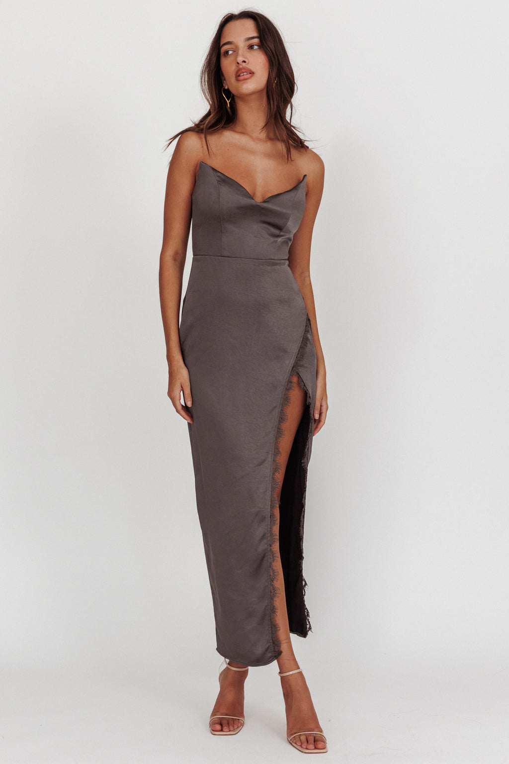 Winter Moon Strapless Lace Trim Midi Dress Charcoal by Selfie Leslie Australia