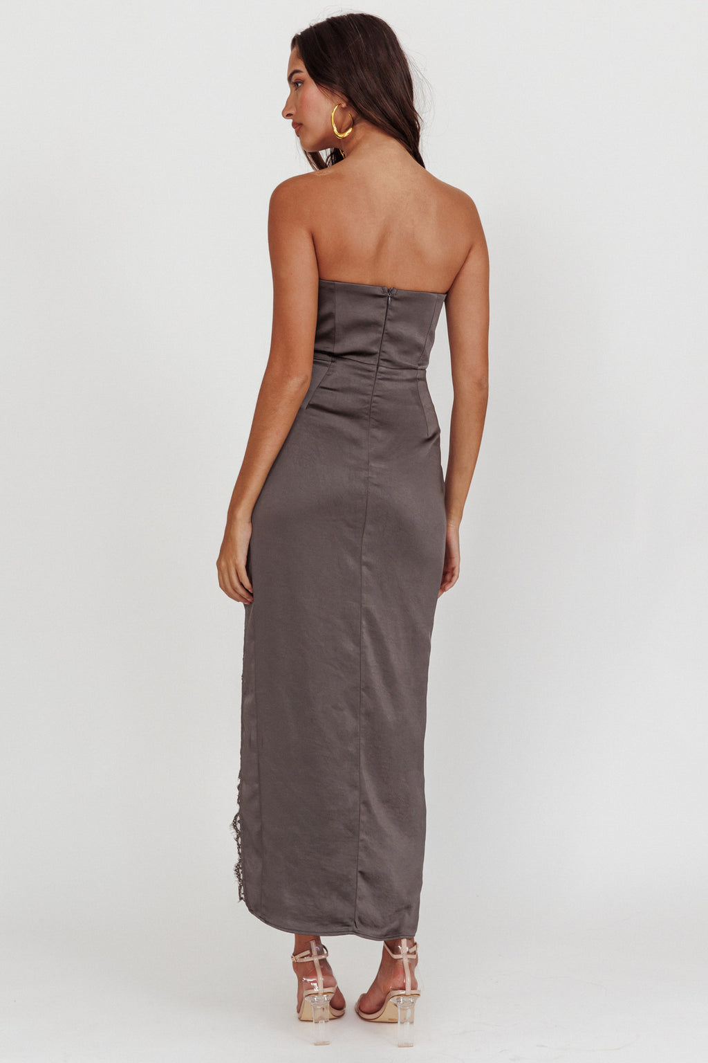 Winter Moon Strapless Lace Trim Midi Dress Charcoal by Selfie Leslie Australia