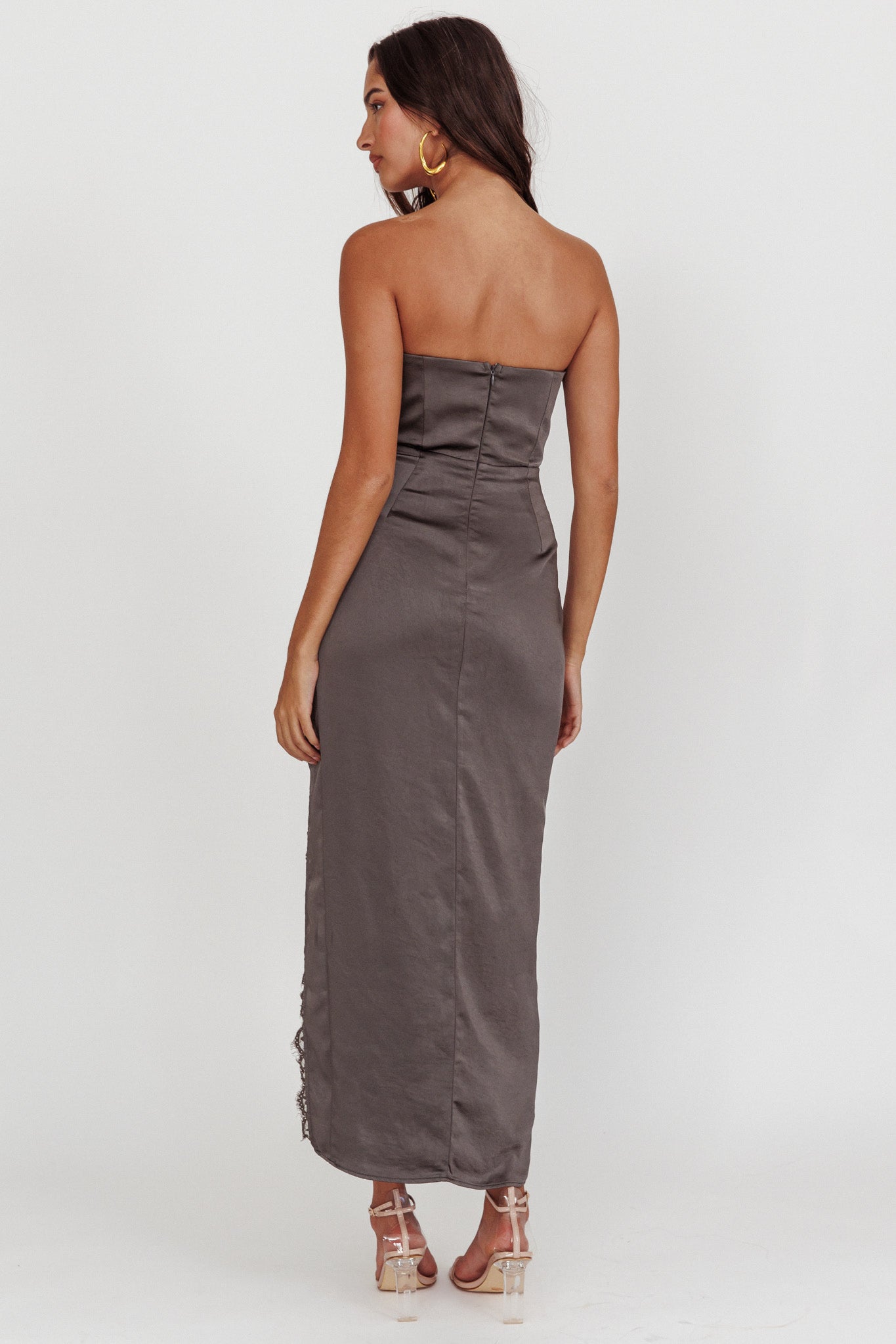 Winter Moon Strapless Lace Trim Midi Dress Charcoal by Selfie Leslie Australia