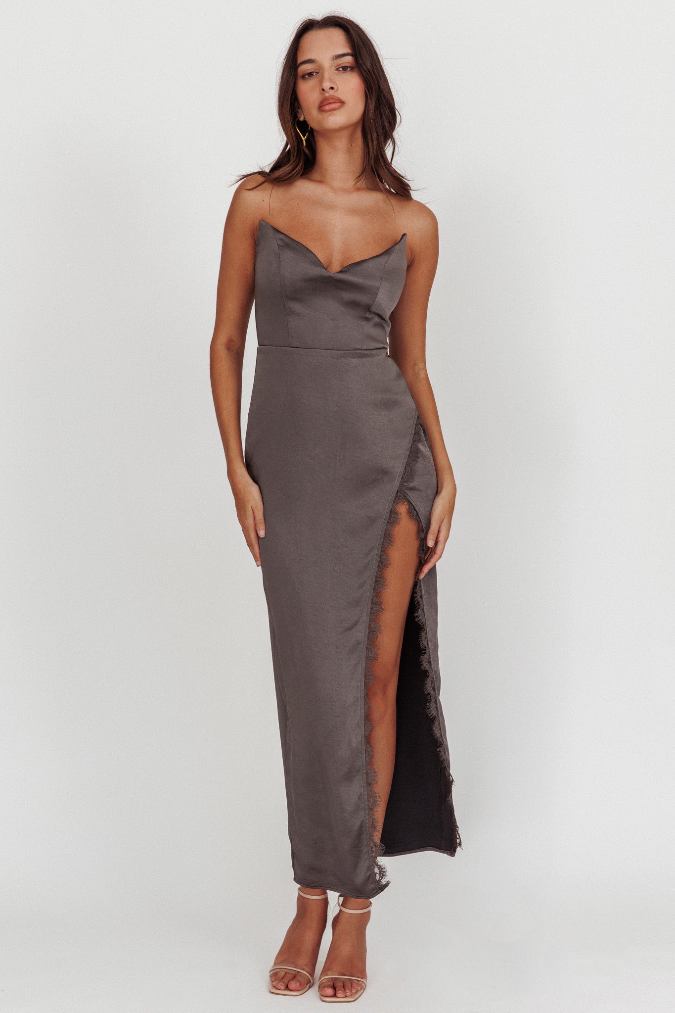 Winter Moon Strapless Lace Trim Midi Dress Charcoal by Selfie Leslie Australia