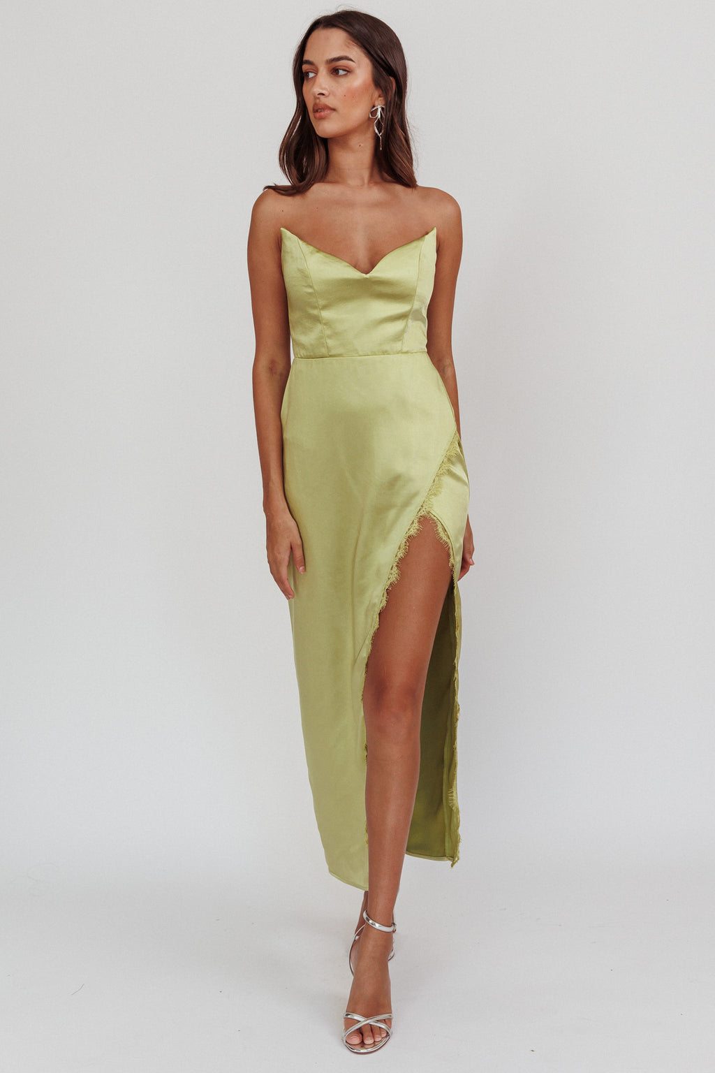 Winter Moon Strapless Lace Trim Midi Dress Sage by Selfie Leslie Australia