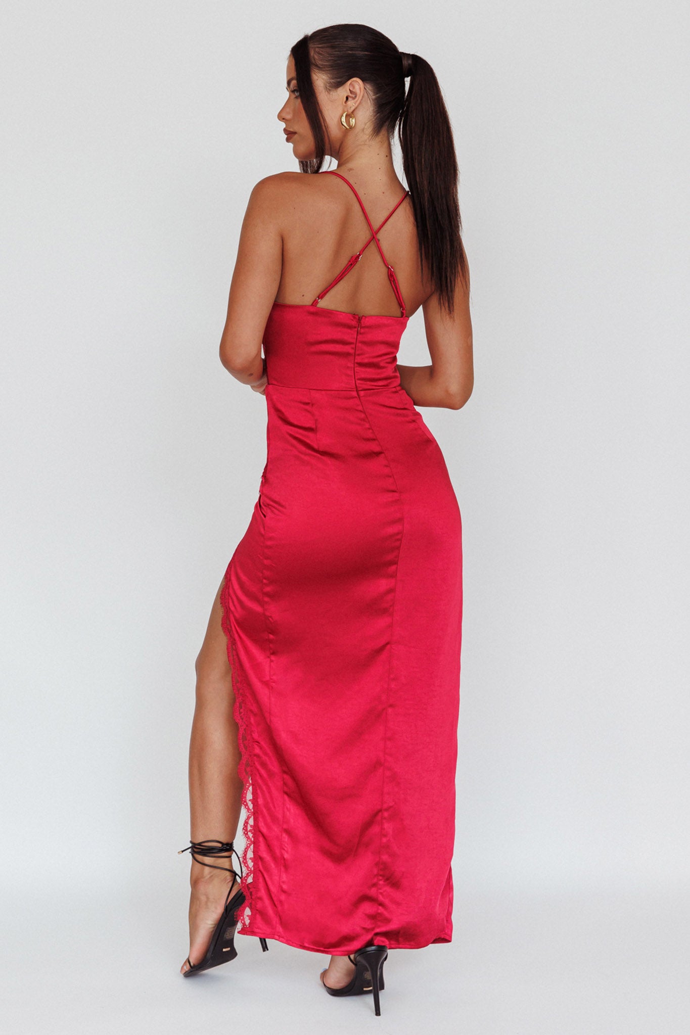 Winter Moon Lace Trim Midi Dress Wine by Selfie Leslie Australia