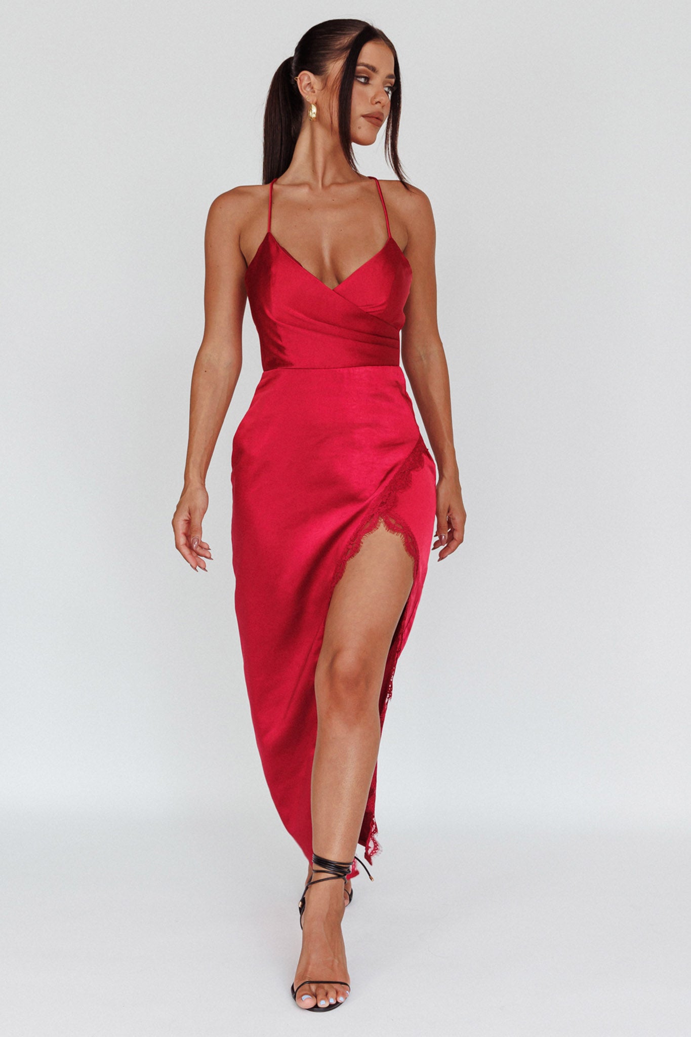 Winter Moon Lace Trim Midi Dress Wine by Selfie Leslie Australia
