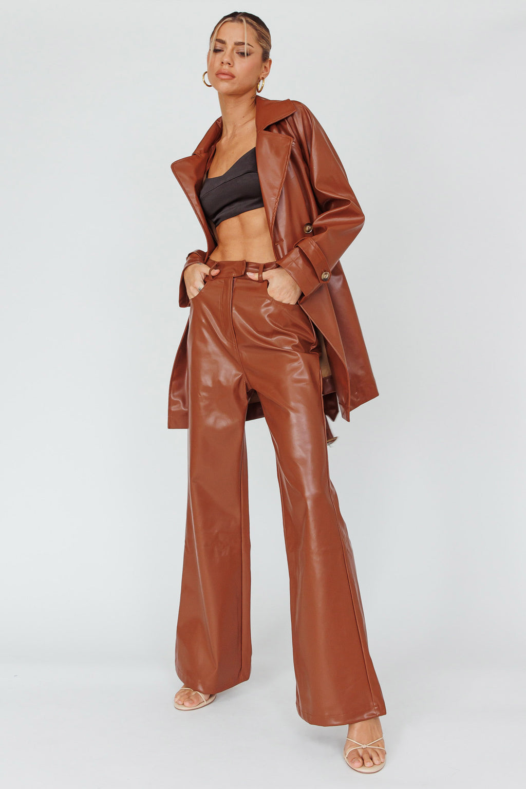 Noa Faux Leather Belted Jacket Terracotta by Selfie Leslie Australia